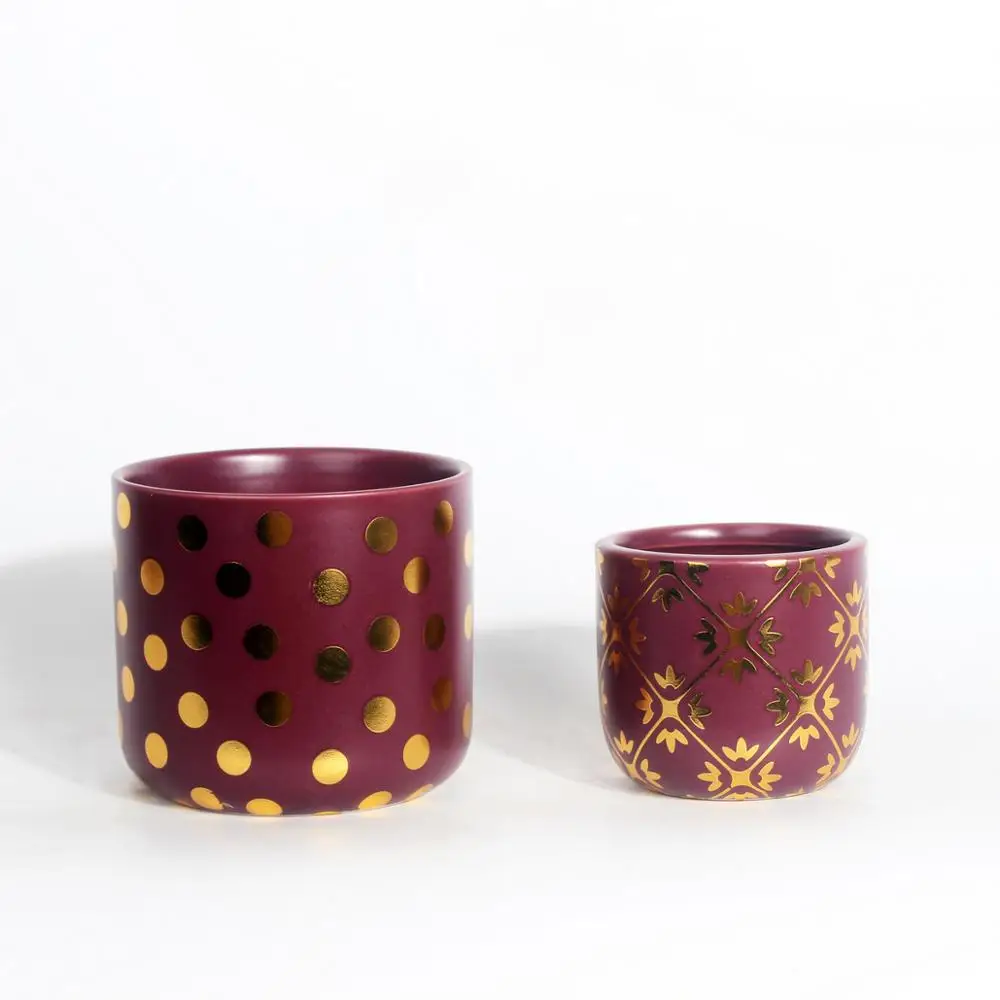 
Hot Sale ceramic geometric succulent planter with artificial succulents for home decoration gold dot design pot 