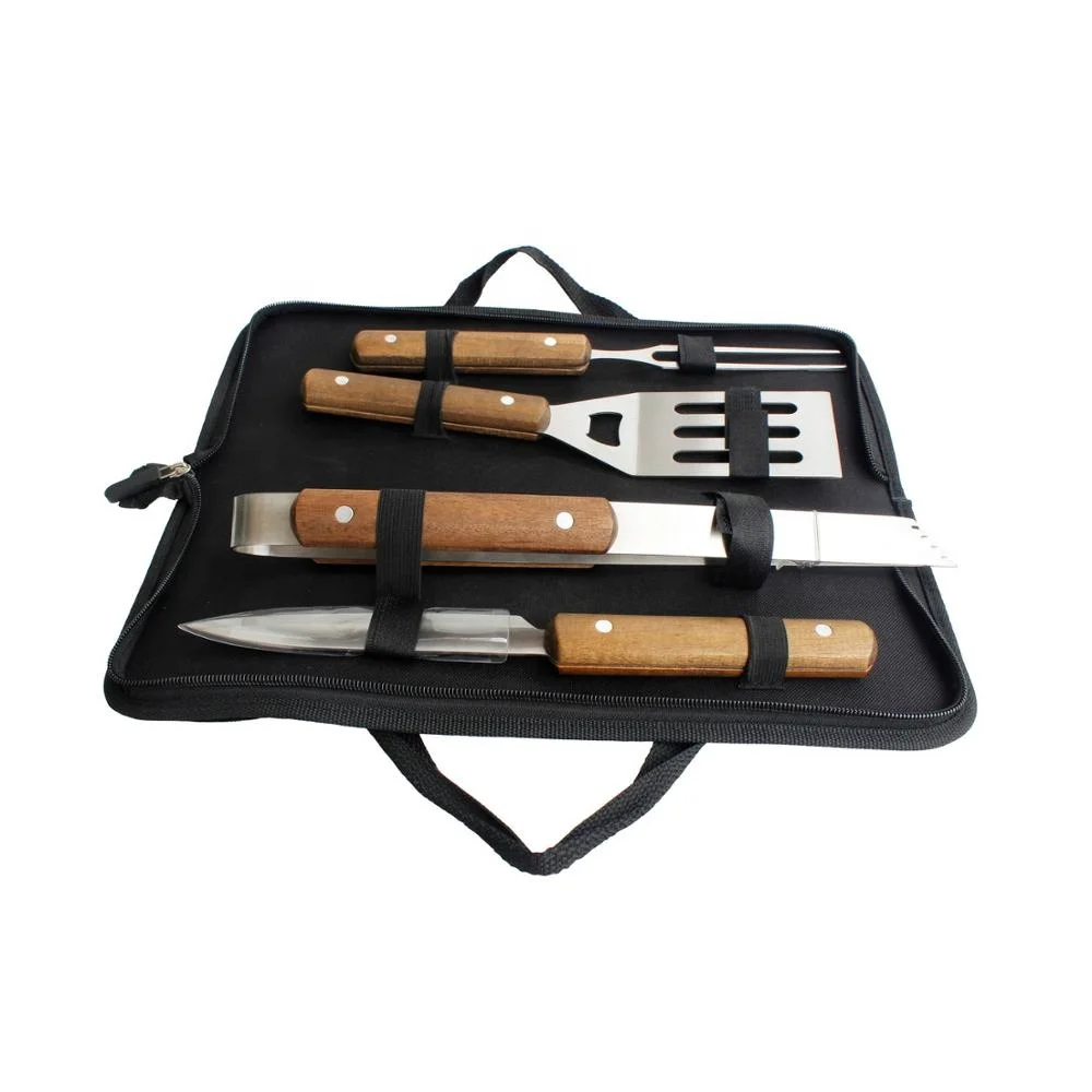 Набор инструментов для барбекю с деревянной ручкой, 4 шт.