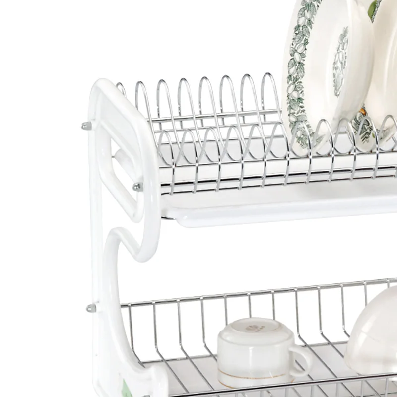 2 Tier Kitchen Dish Rack Dryer Organizer Counter Iron Metal Wire Stainless Steel Drainer Plate Storage Cup Rack with PP Tray