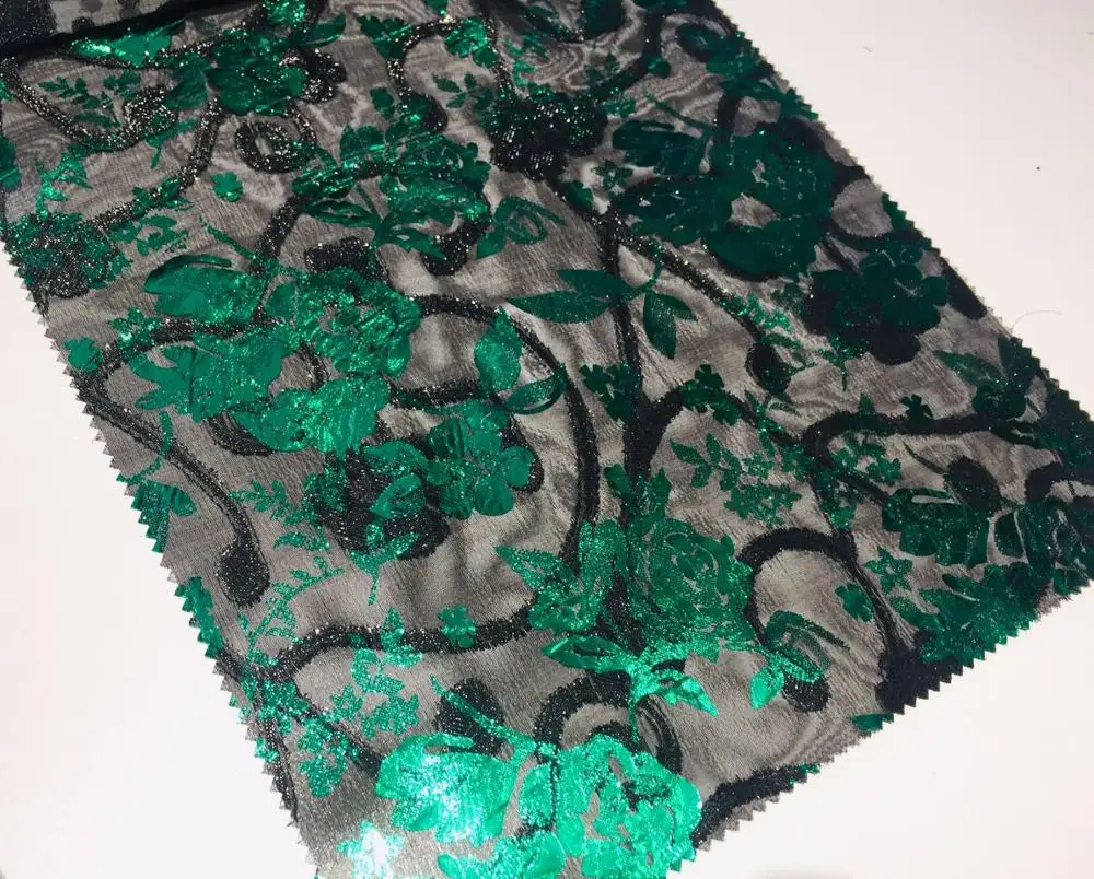High  quality 100% polyester woven Lurex jacquard green color foil print chiffon fabric