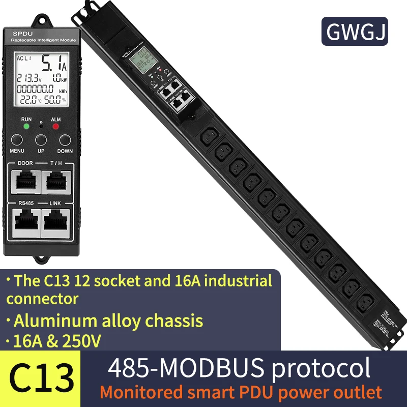 1.5U intelligent monitoring type PDU power socket 12-bit C13 socket 16A input vertical installation 485Modbus-RTU protocol casca