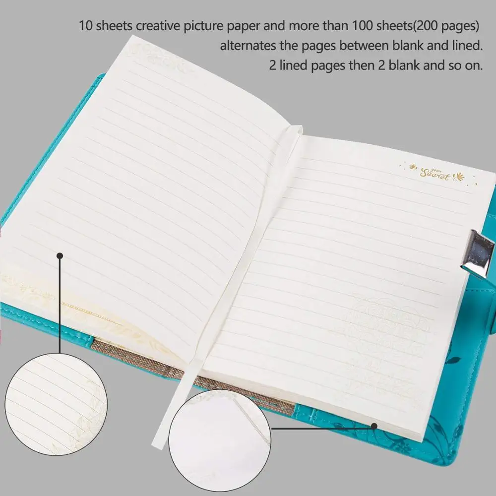 Loose Leaf Journal Blue Design Hard Cover PU Leather Diary With Lock