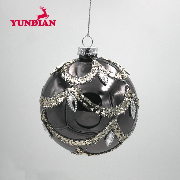 Factory Wholesale Blown Hand Painted Glossy Shiny Black Hanging Christmas Bauble Glass Ball Ornaments For Xmas Tree Decoration