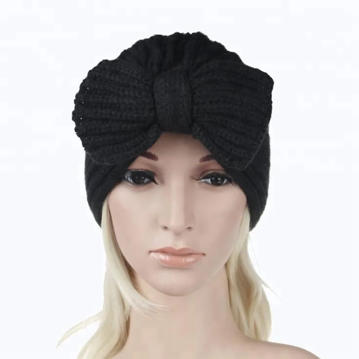 2022 New Winter Hat For Women Fashion Big Bow Beanie Turban Hat Knit Bonnet Femme