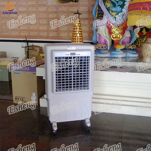 Evaporative cooling fan movable for three side cooling pads
