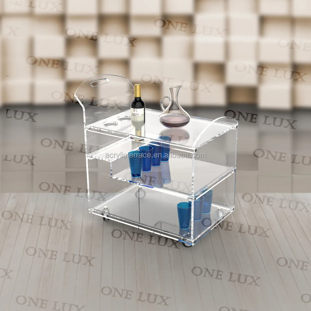 Rolling Acrylic Serving Bar Cart,Lucite wine bottle rack trolley,Perspex Home Use table cart ONE LUX KD PACKED