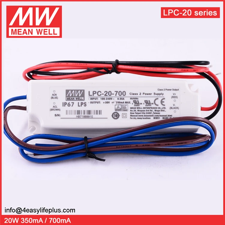 Mean Well 20W Waterproof IP67 LED Driver 350mA LPC-20-350
