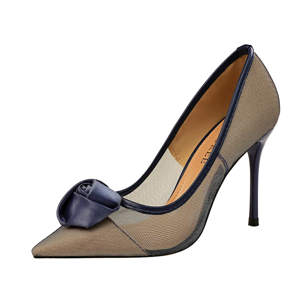 Женские туфли на высоком каблуке-шпильке, привлекательные атласные туфли с сетчатым верхом и розовыми цветами, обувь для ночного клуба, 1853-2