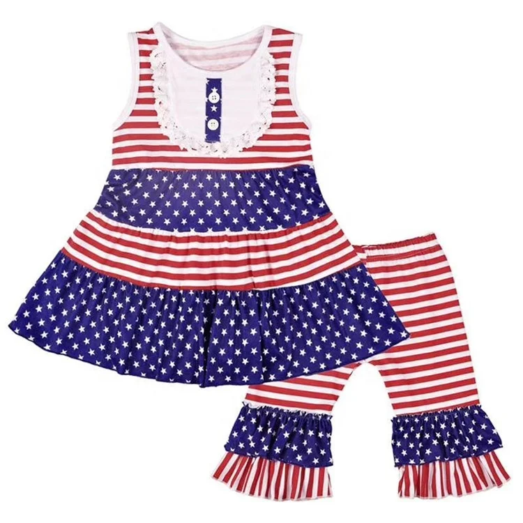 Hot Kids Clothes Girls boutique clothing summer 4th of July Wear Stars and Stripes Ruffle Swing Top Bloomer shorts Set