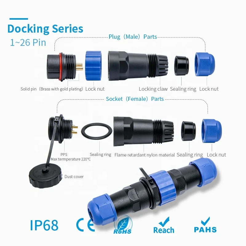 IP68 waterproof connector male & female SD SP13-16-20-28 2/4/5/6/7/9/14 3-pin  LED butt wire cable connector aviation plug