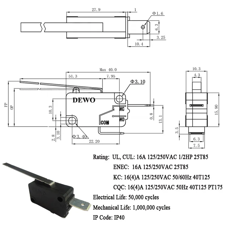 Made in China kw3a 125v 16a t85 5e4 micro switch