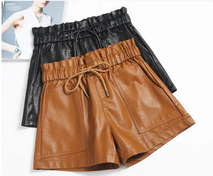 Fashion PU Leather Shorts Women Autumn Winter High Waist Loose Wide Leg Women Shorts