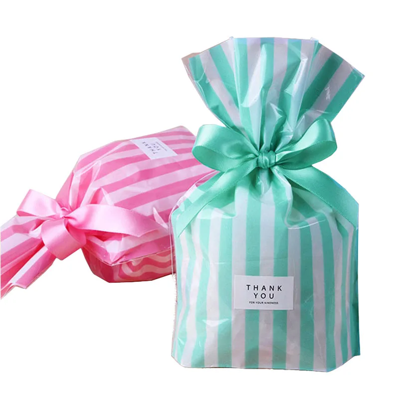50 PCS Plastic Cheap Cute Bow Tie Stripe Baking Cookie Candy Wedding Gift Package Bags  14*20CM
