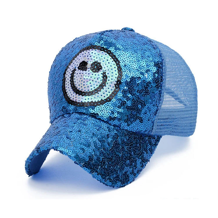 Customize plain paillette shiny color glitter Smile face sequin cap