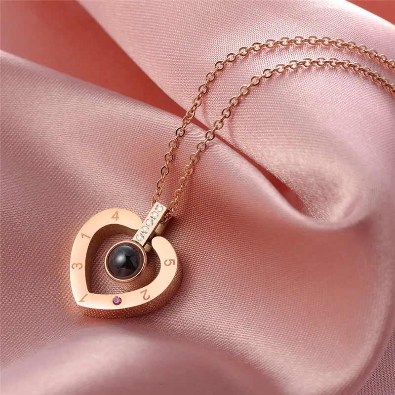 
Stainless Steel Rose Gold Silver Plated Love Memory Wedding Necklace 100 languages I love you Projection Pendant Necklace 