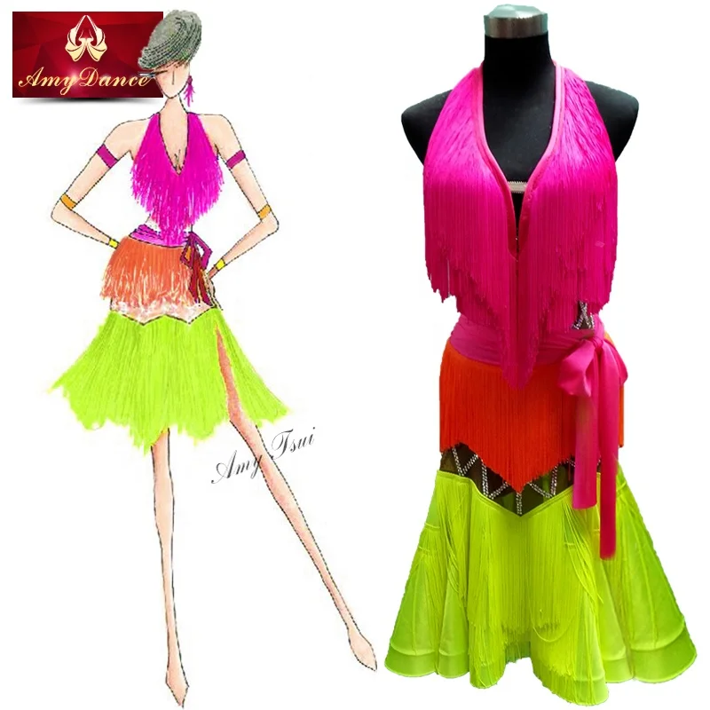 Imported fabric professional competition cha cha latin dance dresses girls kids latin dance costume