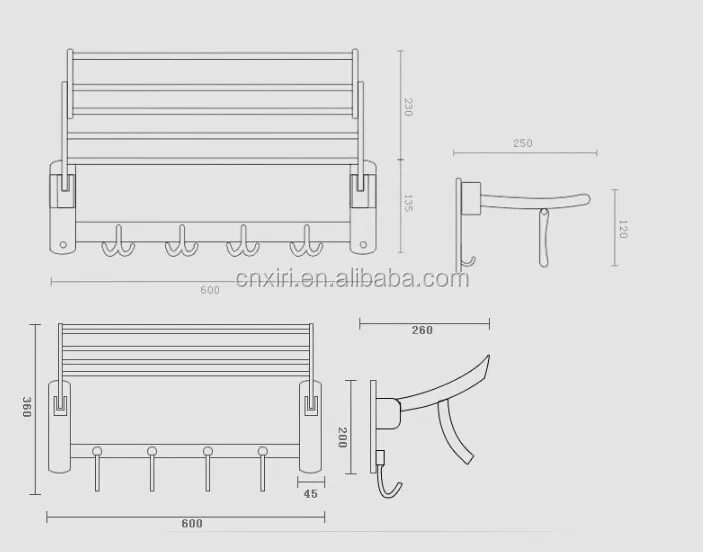 Brass gold plating bathroom folding towel racks with hooks