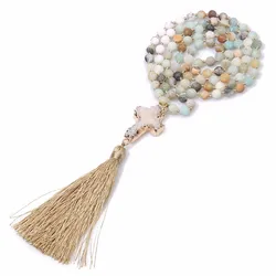 AFXSION Natural stone beads necklace, rock& powder crystal&black fused rock Beads Cross pendant tassel necklace