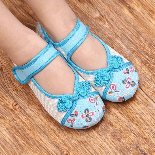 Новый дизайн, скрытый 3 см средний каблук, Детские парусиновые туфли с вышивкой, ремешок на щиколотке, детская повседневная обувь для девочек, мягкие и удобные