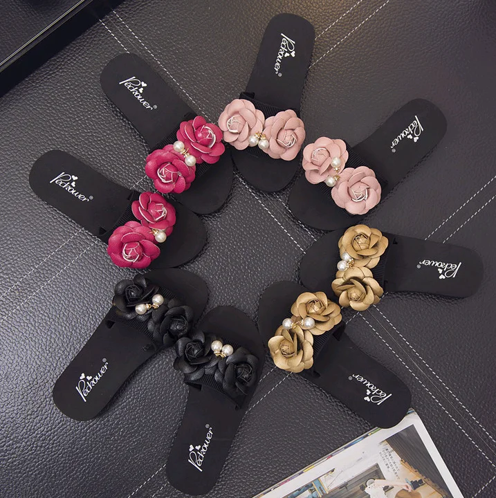 Fashion ladies western plus size summer flat PU flower design woman wholesale beautiful slippers