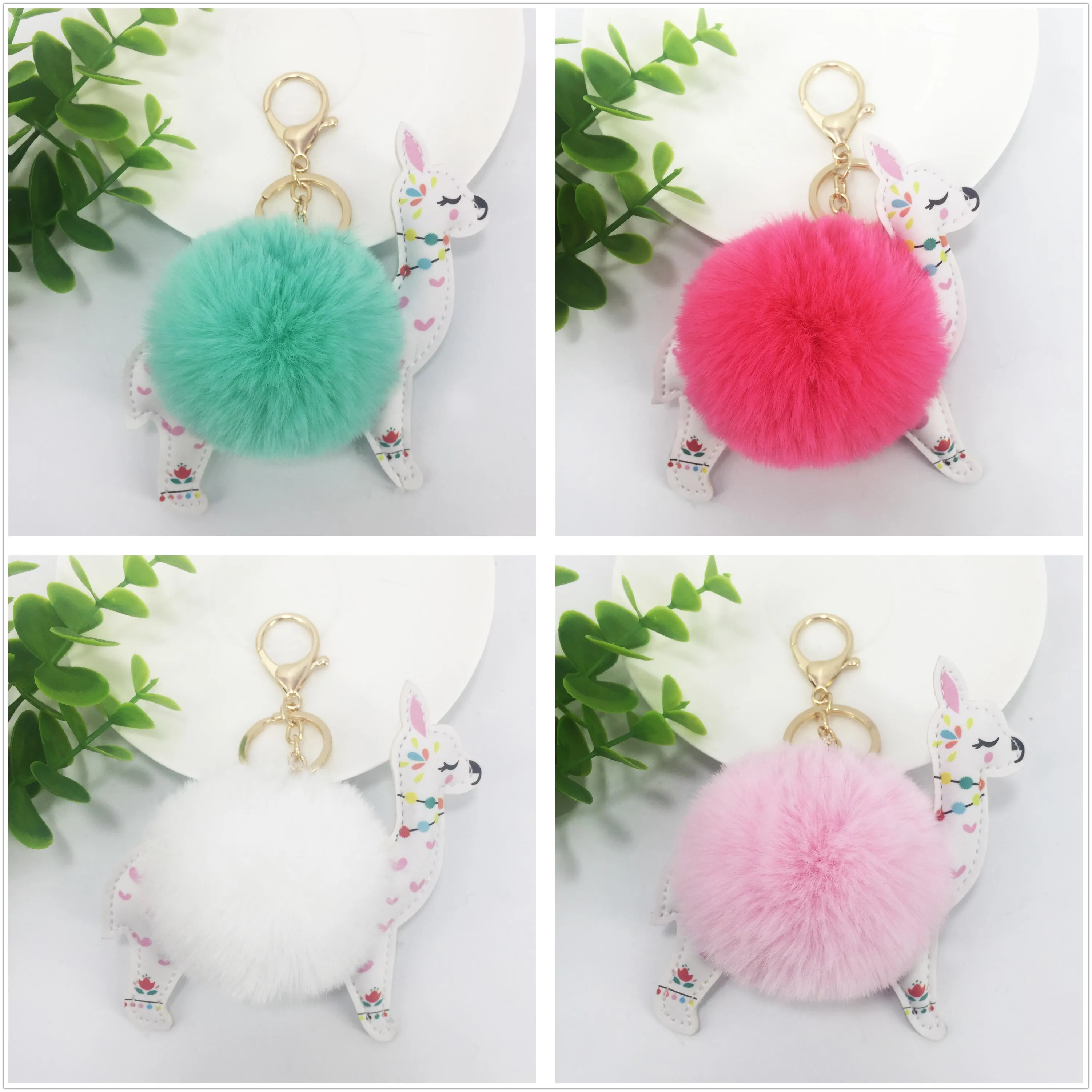 Wholesale Hot Sale Cartoon Pompom Alpaca Keychain for Bag Fur Ball Faux Fox Fur Ball Fluffy Pendant Keychain for Phone Custom
