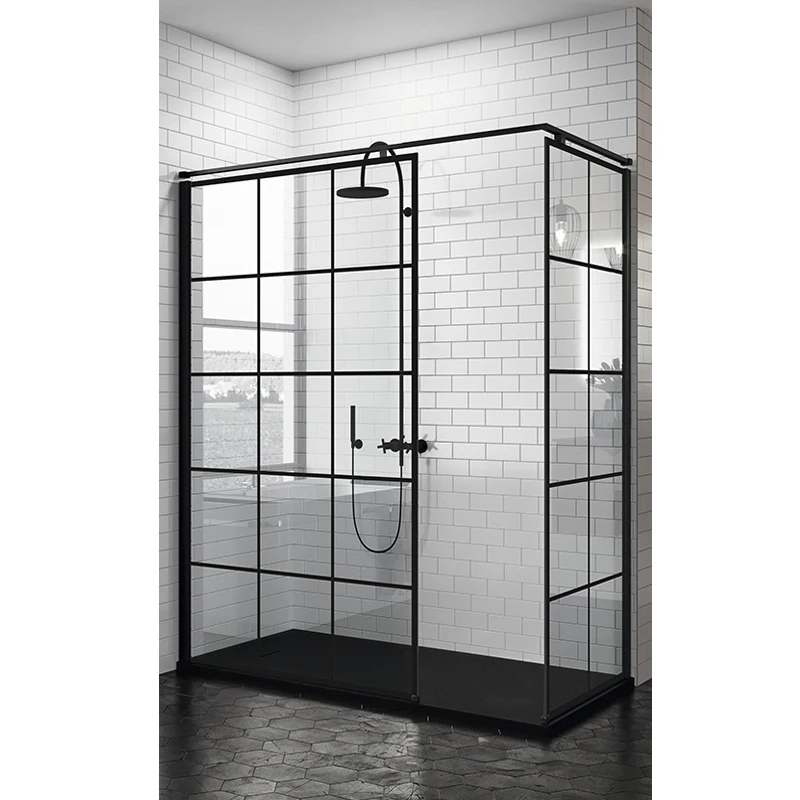 Foshan manufacturer OEM  glass bathroom frame black grid shower screen