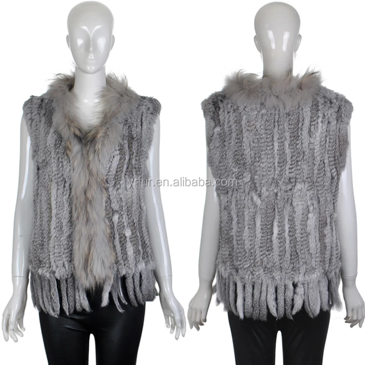 YR244 Low price high quality  Real rabbit fur women hand knit fur vest Top Quality Factory Direct