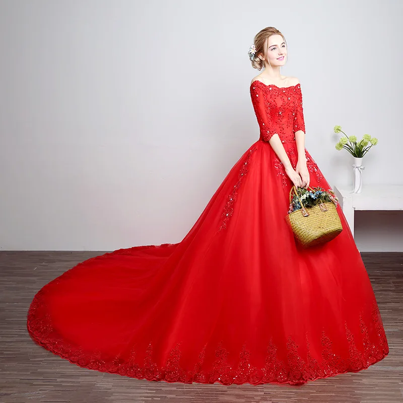 2018 Chinese Red Luxurious Appliques Beading A Line Half Sleeve Wedding Dress Long Train Sweetheart wedding Gowns