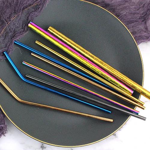 New Pattern Design Copper Rose Gold Black Reusable Metal 18/10 Drinking Straws With Case