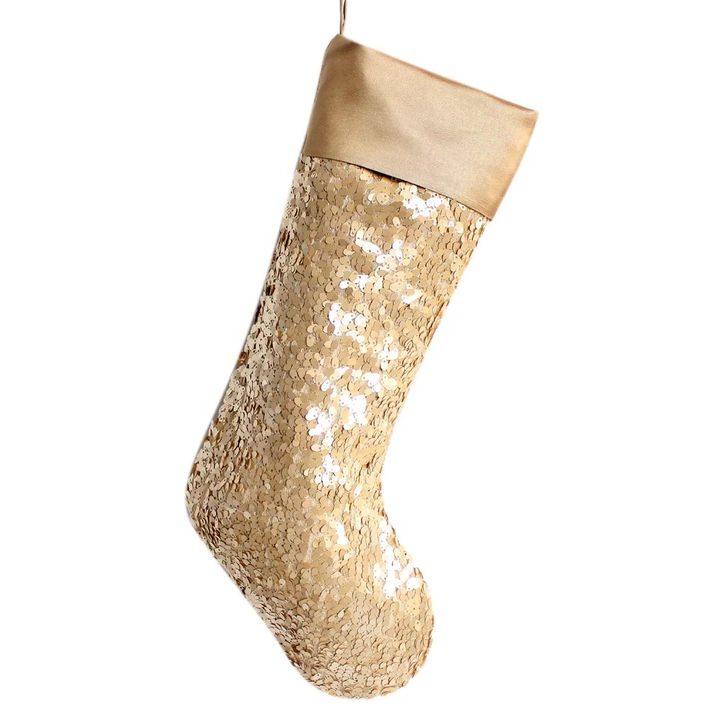 
Gold/Silvery Sequin Sparkle Bling Bling Body with Faux Silk Cuff Luxury Christmas Stocking 