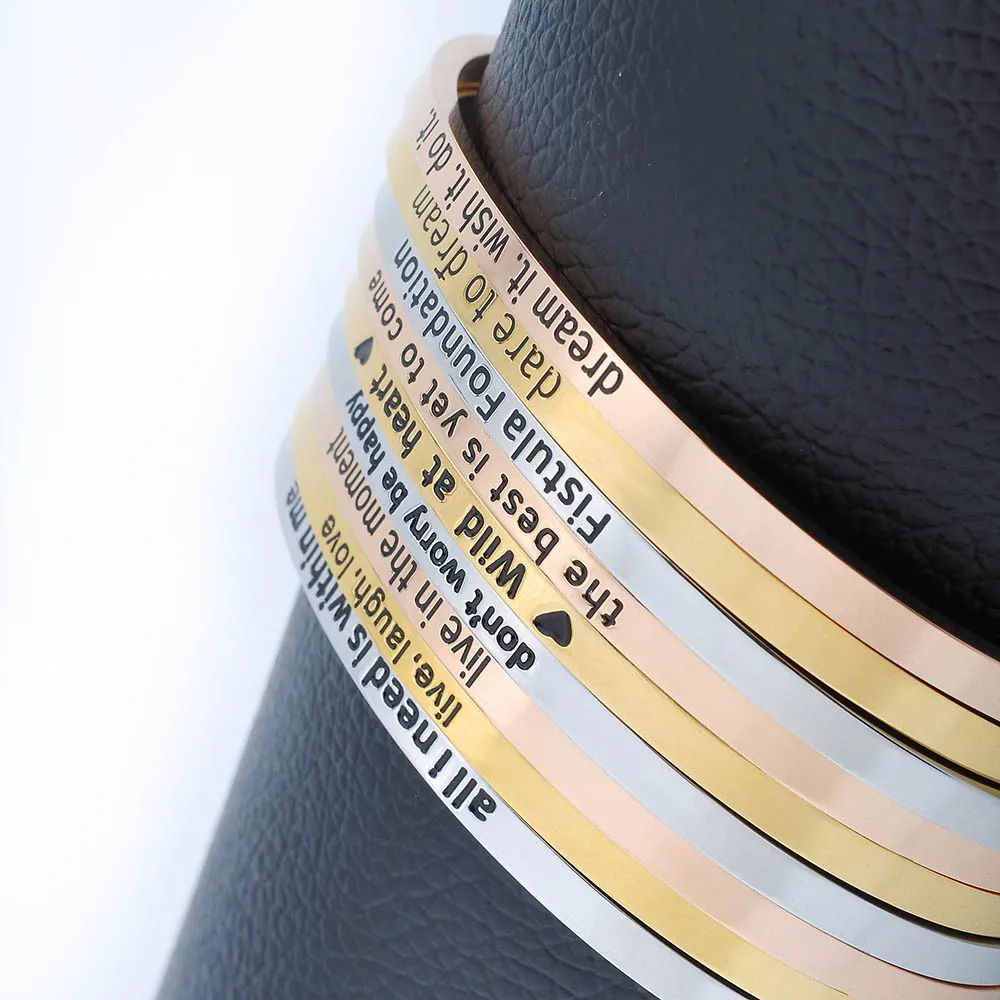 Wholesale Custom Logo 316L Stainless Steel Jewelry Engraved Inspirational Stamped Message Bangles Cuff Bracelets For Women