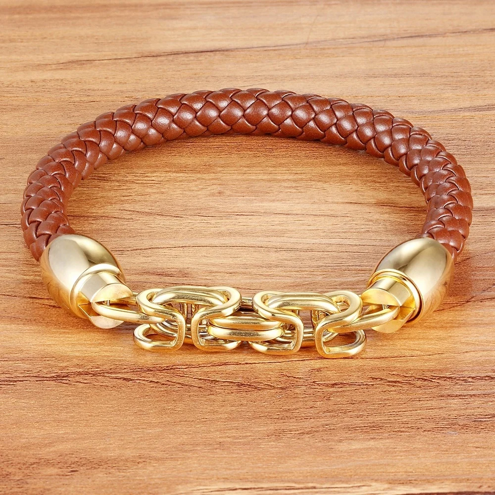 New Fashion Genuine Leather Bracelet Men Casual Classic Stainless Steel Bracelets Brand Wrap Charm Male Bracelets