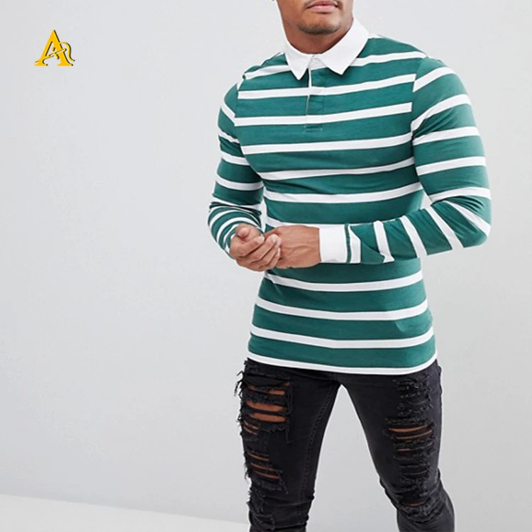 
Fashion High Quality Men Cotton White and Green Stripe T Shirt Long Sleeve Polo Shirt 