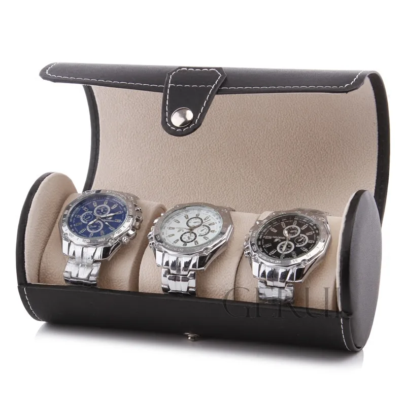 Travel Portable Round Tin Mens Watch Gift Box Leather Rolling Watch Travel Case