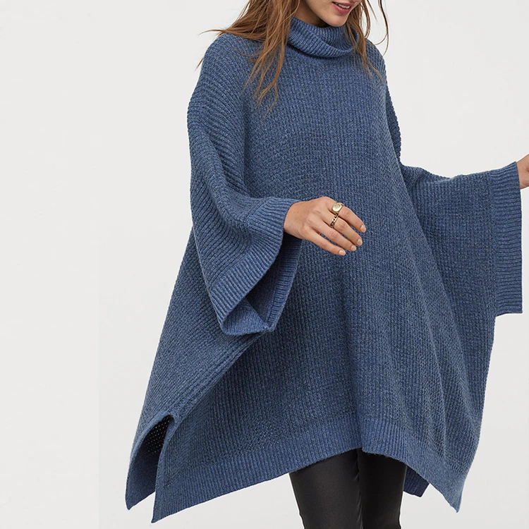 Customized Soft Textured  Knit Wool Turtleneck Ladies Fashion Knit Poncho
