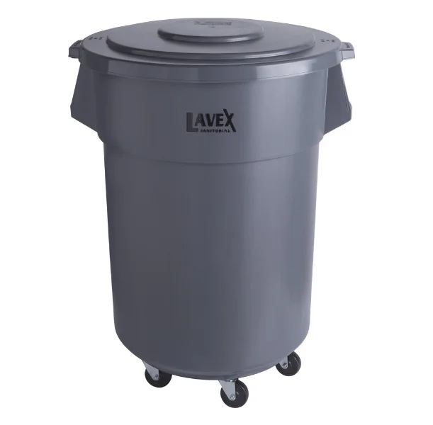 35/45/50  Gallon Gray Round Commercial Trash Can with Lid and Dolly (62137632787)
