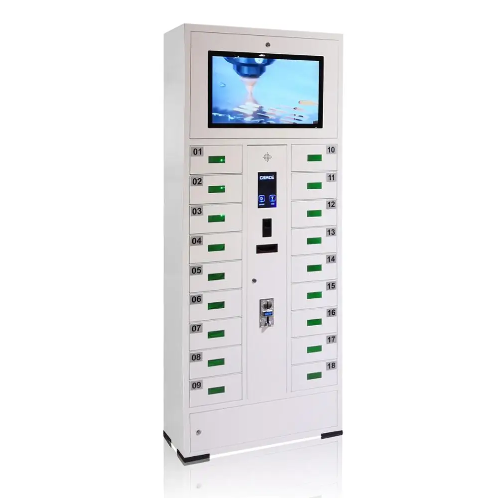 
Multiple restaurant cell phone charging vending station with advertising display function 