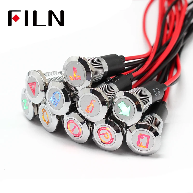 FILN 12V LED Car Boat LED Warning Dashboard Signal Lights Instrument Pilot light 12mm Waterproof Lamp Black Chrome finished