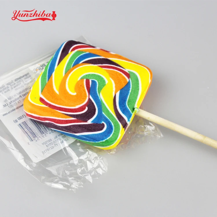 
Manufacturer Direct Sale Square Shaped Big Flat Swirl Lollipops With Rainbow Colors In Hard Candies 
