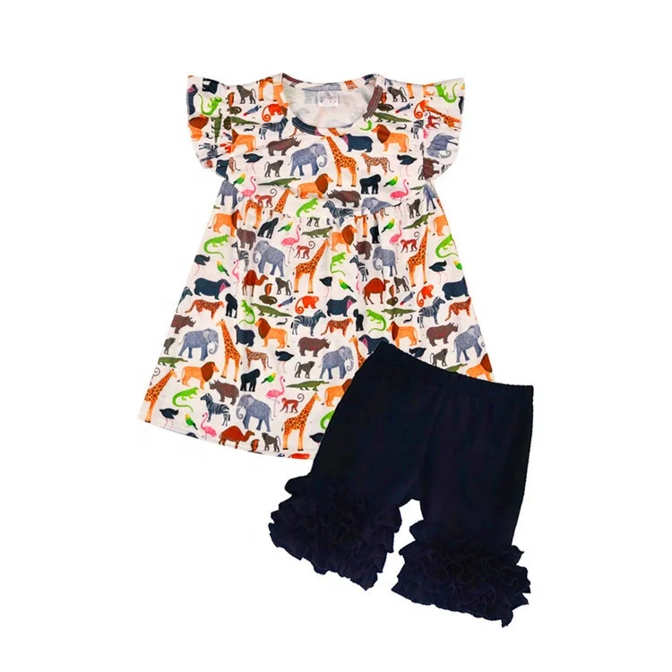 Wholesale summer stylish kids 2pcs clothing set T shirt and Ruffle shorts High quality  baby girl boy clothes outfit set