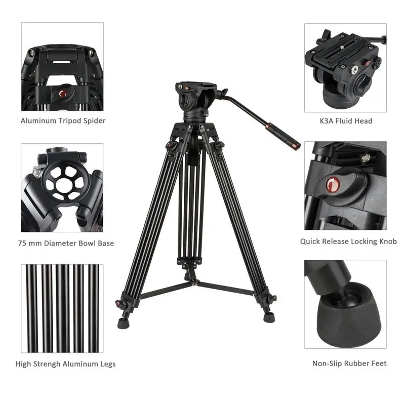 
Professional camera tripod Cayer BV30L aluminum tripod with K3 Fluid Head foldable tripod 