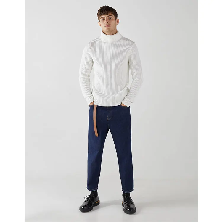 
2018 hot selling vertical ribbed mens white turtleneck sweater pullover 