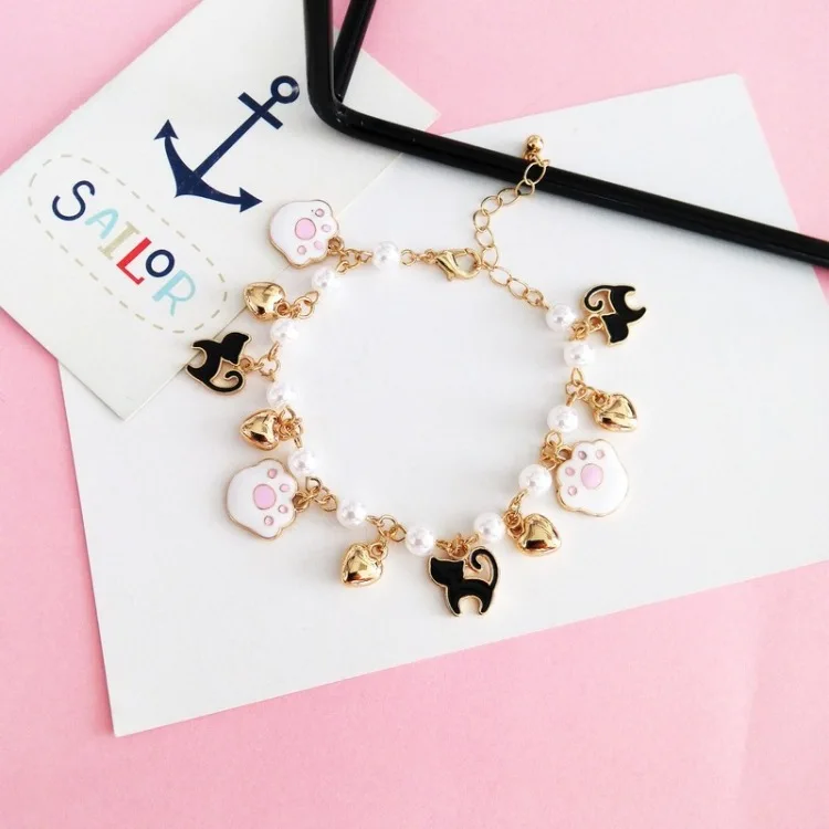 Multi Styles Available Fancy Gold Hand Chain Pearl Cat Charm Bracelet Design Women Girls