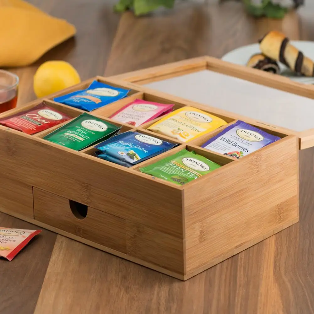 Bamboo Tea Box Organizer - Natural Wood Teabag Holder Organizer - 8 Storage Compartment with Small Drawer