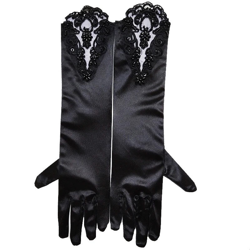 
with appliqued lace pearl beaded elbow length wedding bridal gloves 