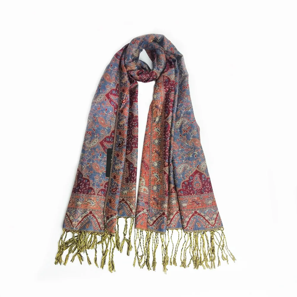 Wholesale pashmina ladies scarf polyester hijab paisley pattern jacquard with tassel