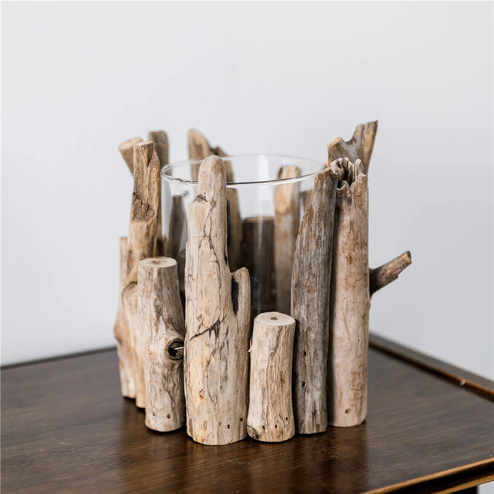 
Medium Natural Driftwood Hurricane Candle Holder with glass cup and tealight 