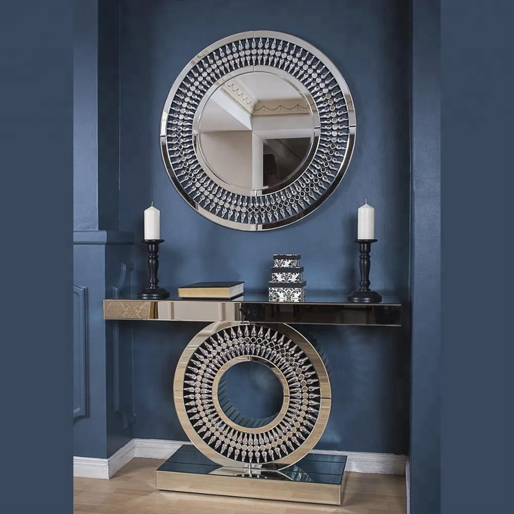 Luxury Modern home hotel round wall crystal mirror with console table for living room