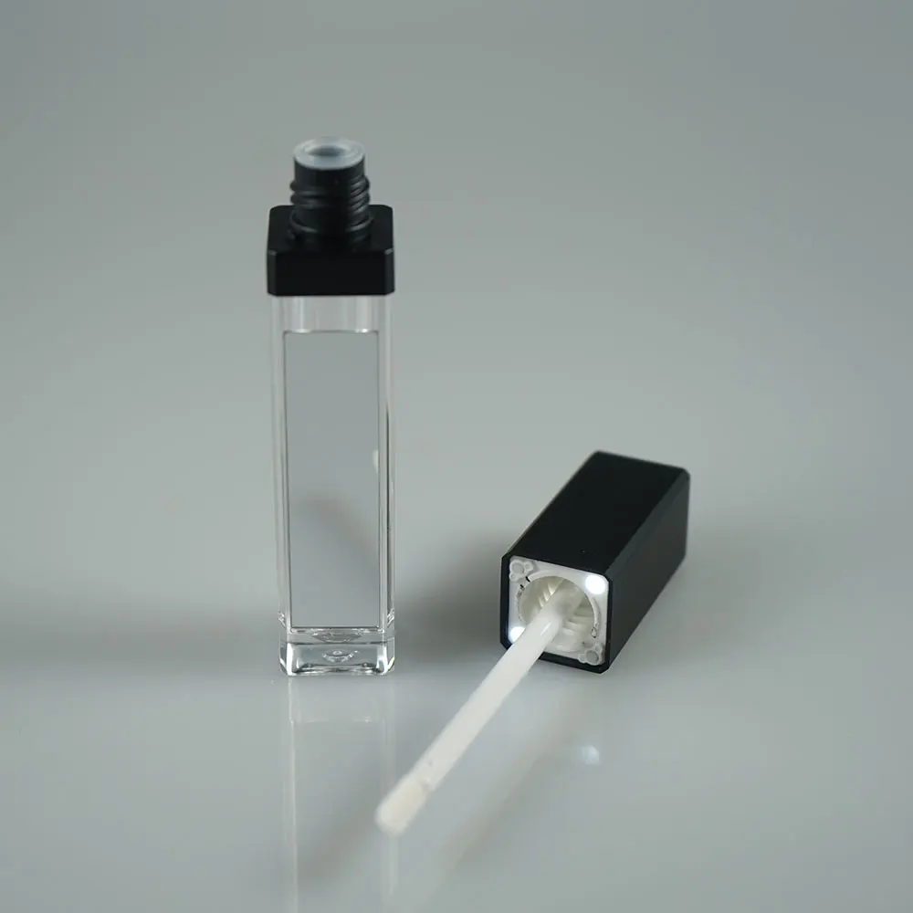 Wholesale silver square 8ml LED light lip gloss tube / black lip gloss packages with mirror