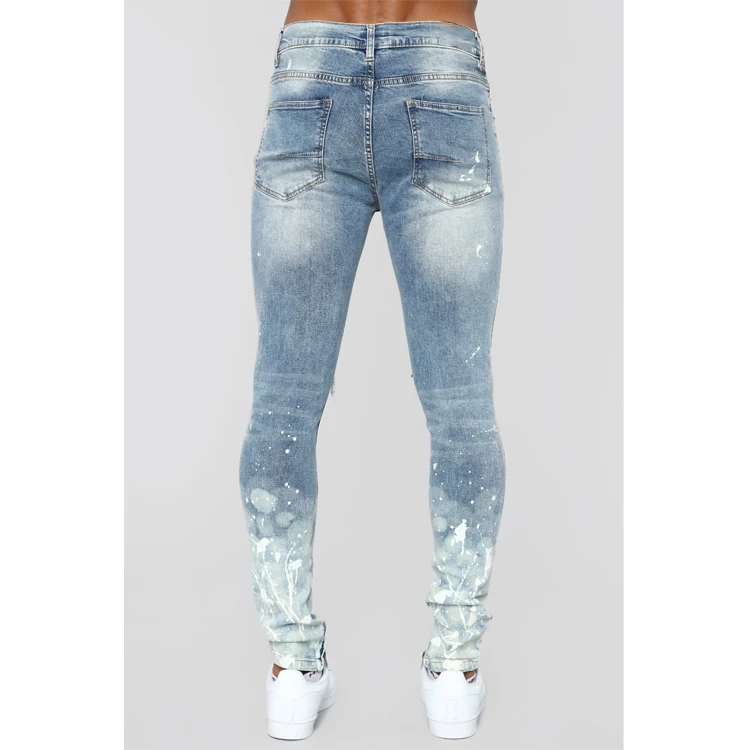 High quality slim fit spray paint denim jeans fashion washed distressed ripped zipper ankle men jeans